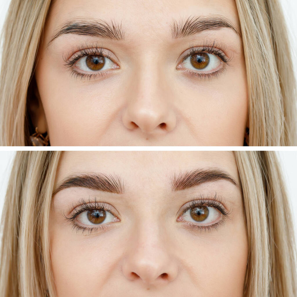 Photo comparison before and after permanent makeup, tattooing of eyebrows - Fotoğraf, Görsel