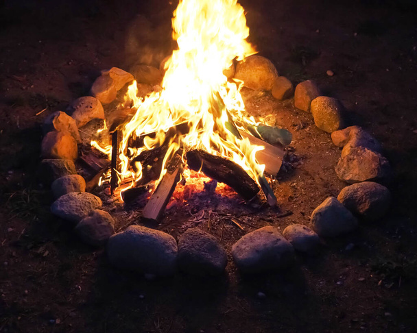 Oheň v noci, venkovní kempování v létě s kytarou - Fotografie, Obrázek