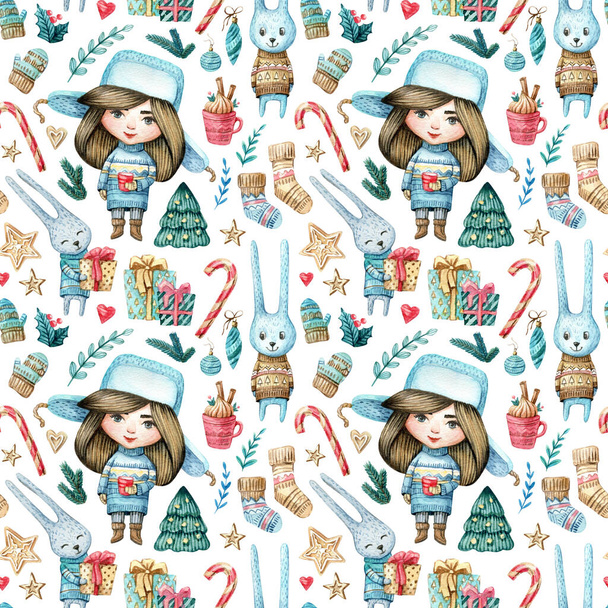 Christmas Watercolor seamless pattern with girl rabbits, twigs, candies, cukies, stars, mistletoe, decorations. Watercolor isolated winter illustration - stock new year. - Фото, изображение