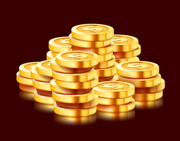 Growing stack of golden dollar coins isolated on dark background. Economics concept. - Вектор,изображение
