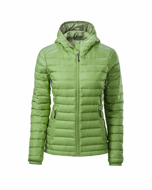 Women's lime green hooded warm sport puffer jacket isolated over white background. Ghost mannequin photography - 写真・画像