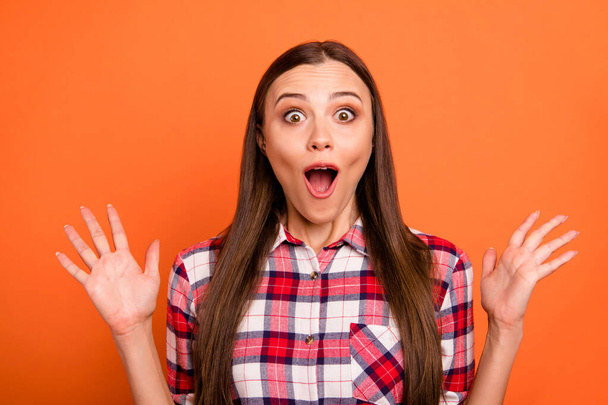Close up photo portrait of emotional cheerful rejoicing delightful overjoyed millennial lady getting great present wearing red plaid outfit having good mood isolated vivid background - Fotó, kép
