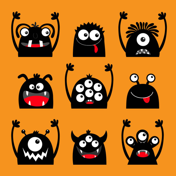 Monster black silhouette head face icon set. Eyes, tongue, tooth fang, hands up. Cute cartoon kawaii scary funny baby character. Happy Halloween. Orange background. Flat design. - Vector, Imagen