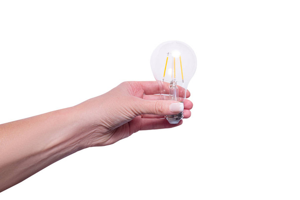 Woman hand holding energy saving lamp, isolated - Φωτογραφία, εικόνα
