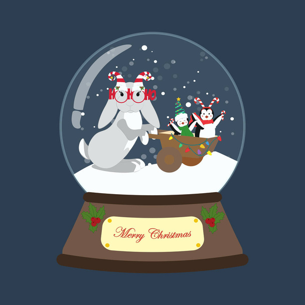 Królik w stroju świątecznym w śnieżnej kuli - Wektor, obraz