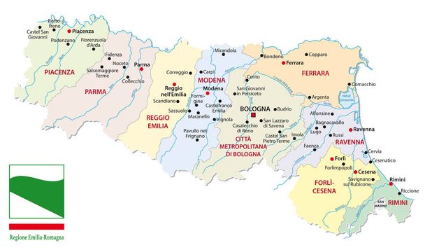 kaart van de Italiaanse regio emilia romagna met provincies en vlag - Vector, afbeelding