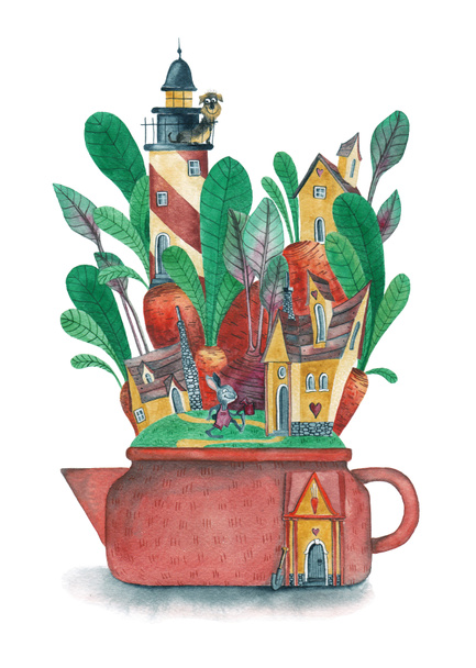 Çaydanlıktaki kasaba. Fantezi evler ve ev sakinleri. Suluboya çizimi. - Fotoğraf, Görsel