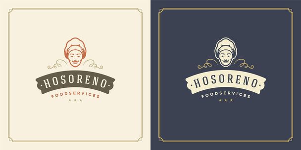 Restaurant logo template vector illustration chef man face in hat silhouette - Вектор,изображение