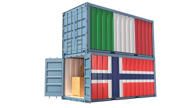  Twee vrachtcontainers met Italiaanse en Noorse vlag. Geïsoleerd op wit - 3d Rendering - Foto, afbeelding