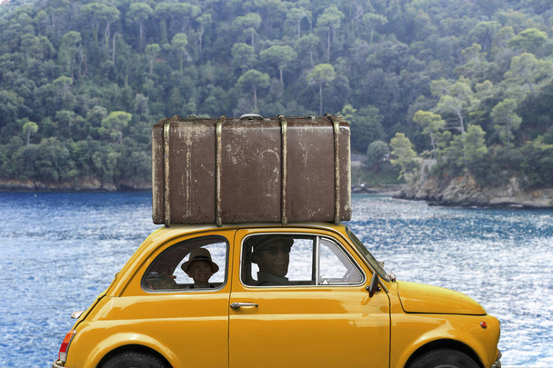 Trip in a nice old car in Italy, vacation in Liguria - Fotoğraf, Görsel