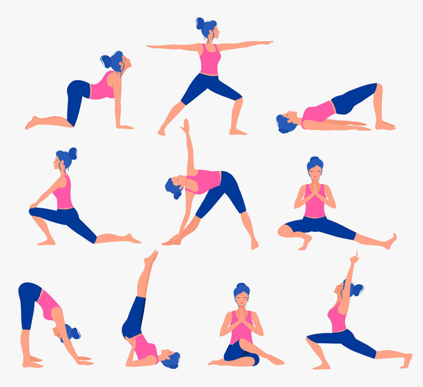 Различные представления yoga комплект. Векторная иллюстрация женской йоги. Здоровый образ жизни. - Вектор,изображение