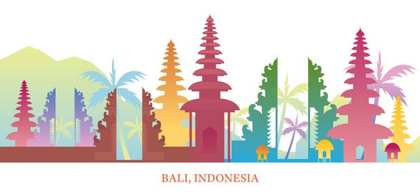 Bali, Indonézia Skyline Látványosságok Színes sziluett háttér - Vektor, kép