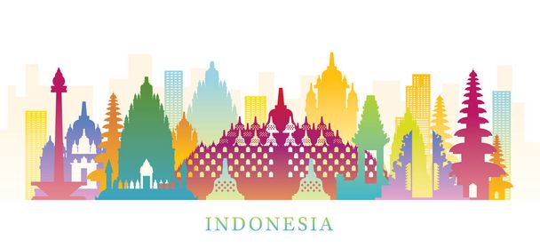 インドネシアスカイラインのランドマークカラフルなシルエットの背景 - ベクター画像