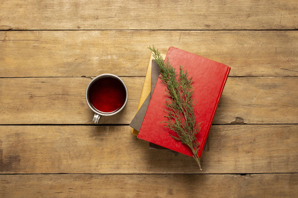 Books, metal cup with hot tea on a wooden background. The concept of the onset of autumn, winter, vacation in a country house, camping trip. Flat lay, top view - Photo, Image