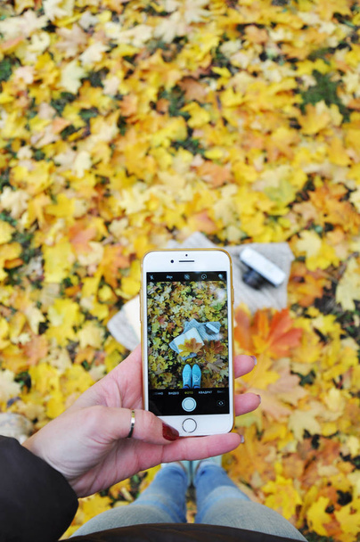 mobile phone in hand with yellow leaves - Фото, зображення