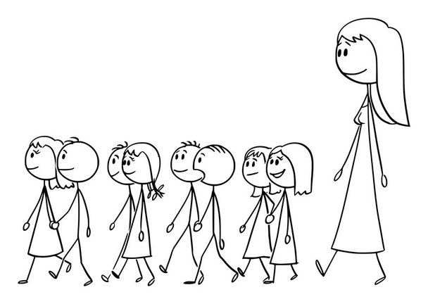 小さな子供と一緒に歩く幼稚園教師のベクトル漫画イラスト - ベクター画像