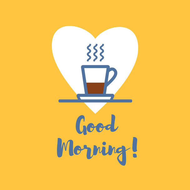 Satır simgelerinin olduğu bir şablon kartı tasarla ve "Günaydın" yaz. Klasik kahve zamanı. Bardak, espresso, buhar..  - Vektör, Görsel