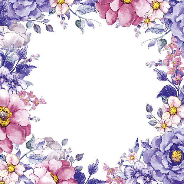frame of pink flowers, butterflies, purple flower, leaves - Foto, afbeelding