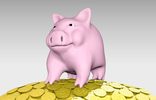 розовый поросенок на куче монет
 - Фото, изображение