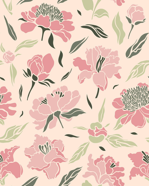 Seamless pattern with pink, red lilies and peonies on a light background. Surface design. Texture for fabric, wallpaper, paper. Vector illustration. - Διάνυσμα, εικόνα