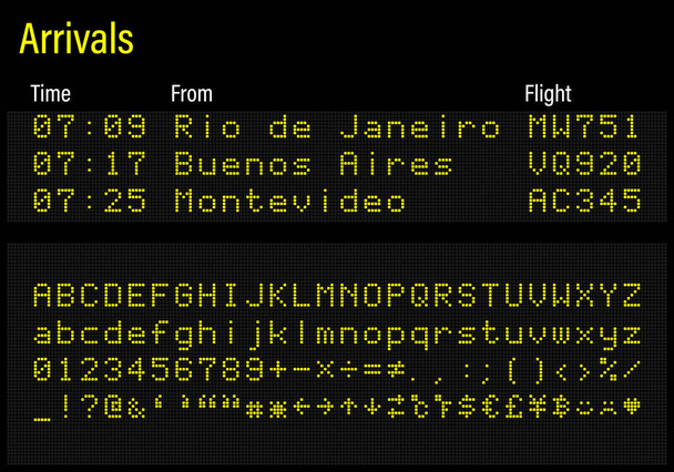 Led electronics digital font, písmena, čísla a symboly vektorové ilustrace pro letištní panel, informace o vlaku a sportovní Scoreboard - žluté písmo - Vektor, obrázek