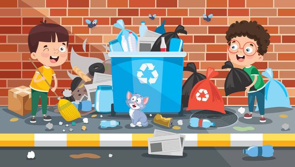 Piccoli bambini pulizia e riciclaggio spazzatura - Vettoriali, immagini