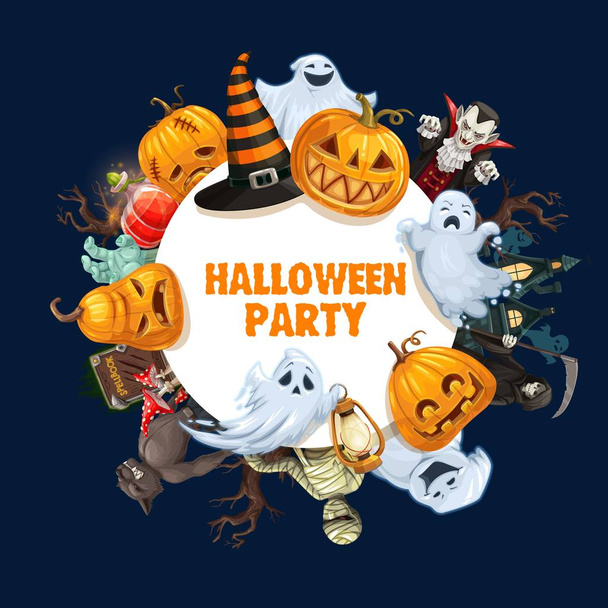 Halloween szellemek, tök, vámpír, múmia keret - Vektor, kép