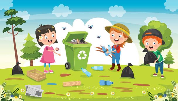 Little Children Cleaning And Recycling Garbage - Vector, Image