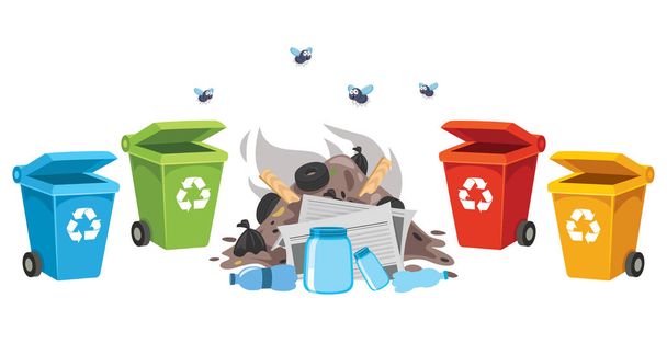 Müll- und Recyclingbehälter für Kunststoff, Metall, Papier und Glas - Vektor, Bild