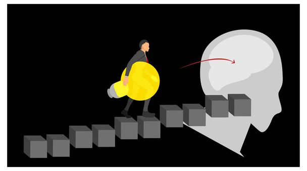 illustration of a man changing a new bulb. up the steps to the top of the thinking brain. the bulb that dies is replaced with a new lighted bulb. walk up the stairs with a light bulb on. - Vector, Image