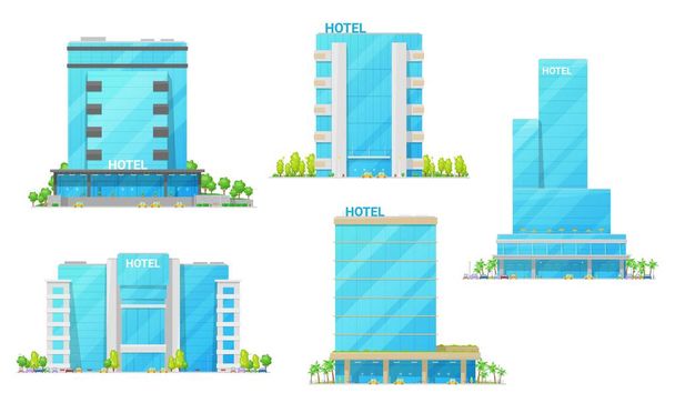 Ουρανοξύστες ξενοδοχείων, κτίρια μοτέλ και ξενώνα - Διάνυσμα, εικόνα