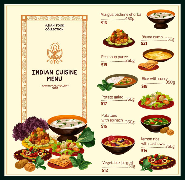 Индийское меню с рисом, мясным карри, овощным салатом
 - Вектор,изображение
