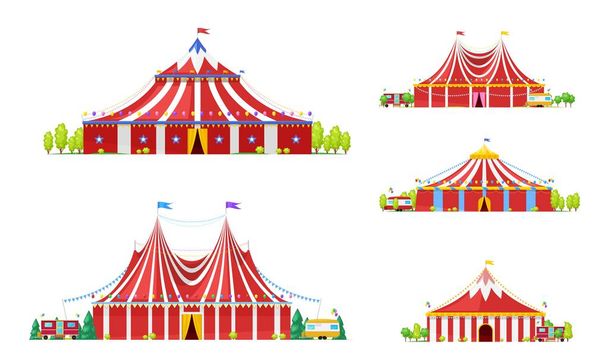 Circus big top tents, carnival marquees with flags - Vector, Image