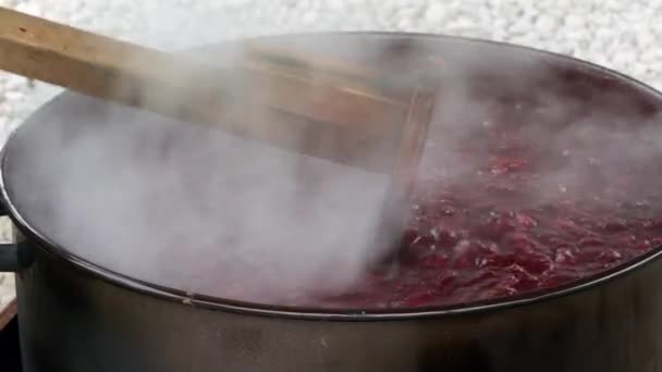 Old way of making Jam from Organic Plums-Cooking and stirring - Materiał filmowy, wideo