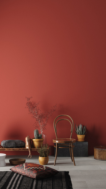 Рустикальний домашній макет з лавкою, стільцями та декором у червоній кімнаті, 3d рендеринг
 - Фото, зображення