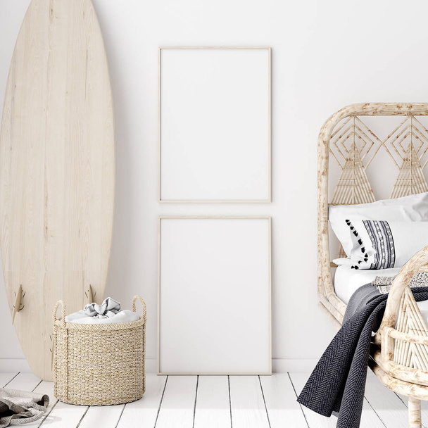 Cartaz Mock-up, parede no quarto, estilo escandinavo, renderização 3d
 - Foto, Imagem