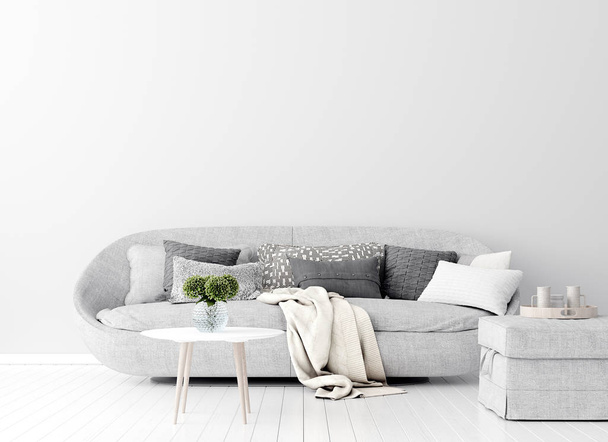 Интерьер дома с серым диваном и белой стеной макет, скандинавский стиль, 3D рендеринг
 - Фото, изображение