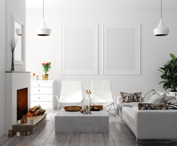 Falešný plakát v moderním domácím interiéru s krbem, skandinávský styl, 3d vykreslení - Fotografie, Obrázek