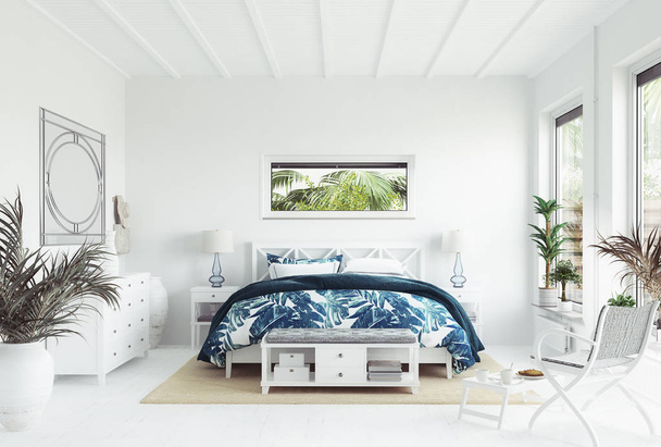 Λευκό τροπικό υπνοδωμάτιο εσωτερικό, Παράκτια στυλ, 3d καθιστούν - Φωτογραφία, εικόνα