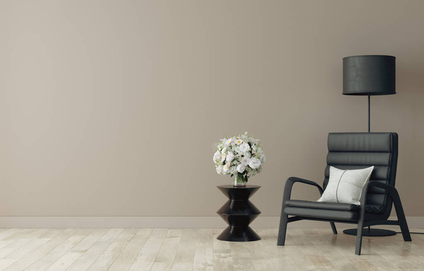 Sedia con lampada e tavolino in salotto interno, parete marrone modello su sfondo, rendering 3D
 - Foto, immagini