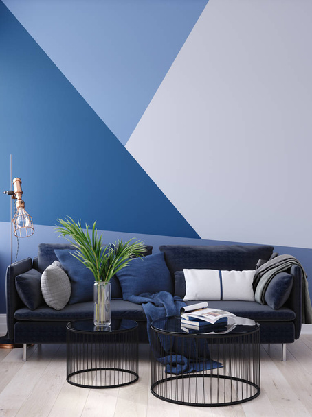 Luxus modern kék nappali belső geometrikus formában mintás fal, sötétkék kanapé, padlólámpa és dohányzóasztal, 3d render - Fotó, kép