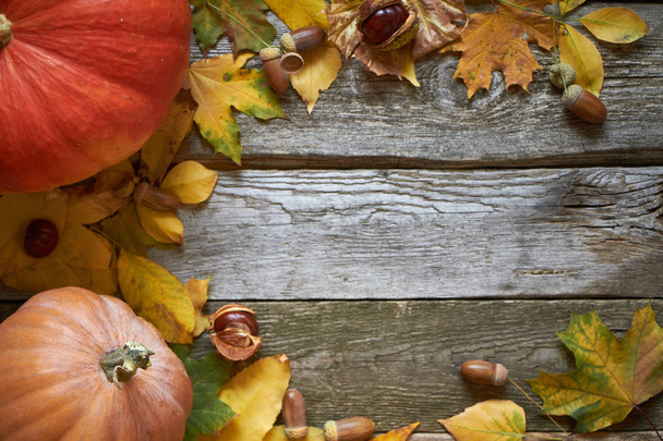 Fondo de otoño de acción de gracias sobre una superficie de madera oscura, calabazas, hojas marchitas, bellotas y castañas, enfoque selectivo
 - Foto, Imagen