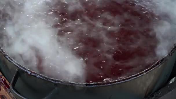 Starý způsob, jak udělat marmeládu z organických švestek-vaření a míchání - Záběry, video