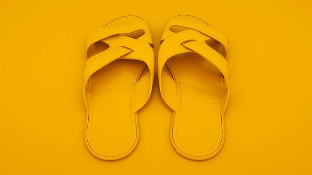 Flip papucsok izolált sárga alapon. 3D illusztráció. Nyári koncepció - Fotó, kép