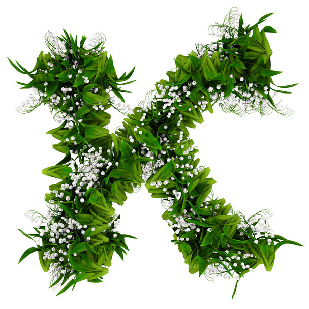 Buchstabe k aus Blumen und Gras isoliert auf weiß. 3D-Illustration - Foto, Bild