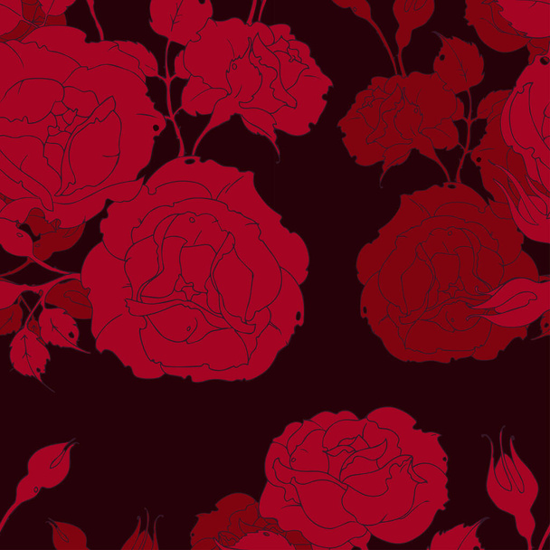 bouquet of bright red roses, a branch with flowers, leaves and buds, on a dark background. Seamless pattern vector illustration. - Vektor, obrázek
