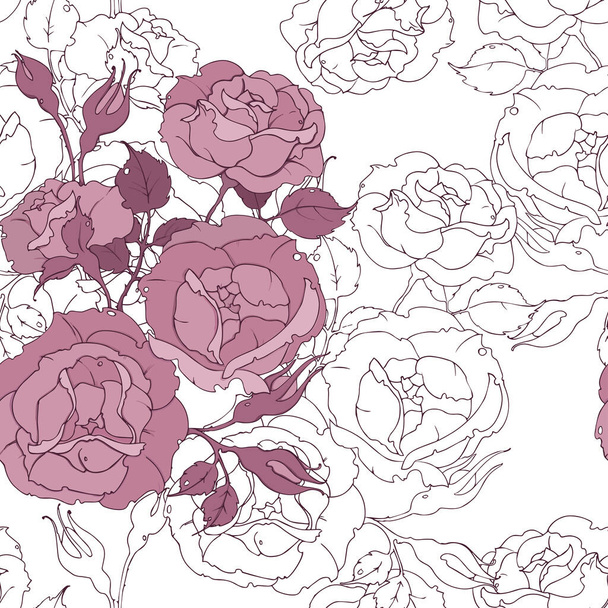 Seamless floral pattern with tender pink roses on white background. Drawing flowers and buds vector illustration - Wektor, obraz
