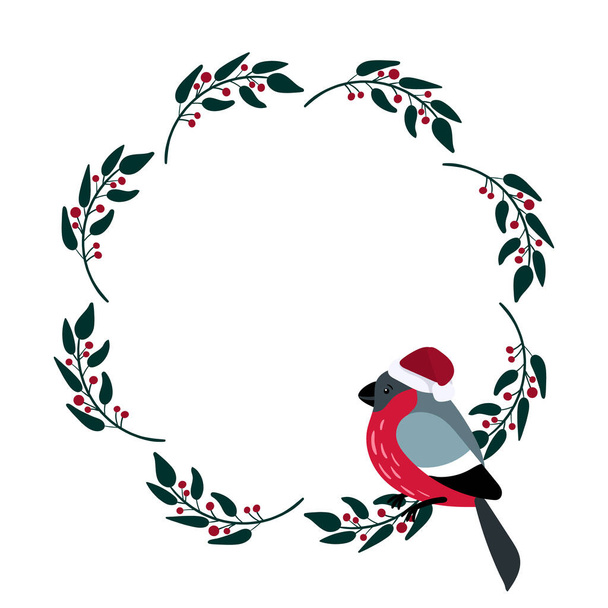 Wreath with cute bullfinch bird. Christmas vector background. - Вектор, зображення