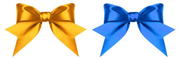 Geschenk Schleife aus Gold und blauem Seidenband isoliert auf weißem Hintergrund. Schleife aus glänzendem Satin Nahaufnahme. Weihnachtsdekoration als Gestaltungselement - Foto, Bild