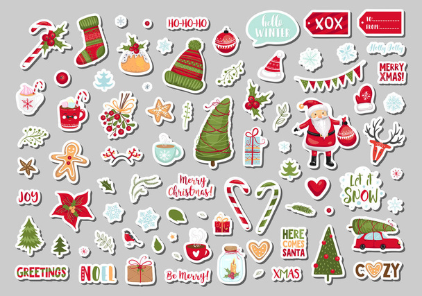 Set van leuke Merry Christmas en Happy New Year cadeau tags, afdrukbare vakantie kaarten sjablonen, etiketten ontwerp. Vectorillustratie, Eps 10. - Vector, afbeelding